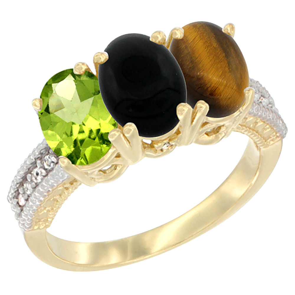 14K Yellow Gold Natural Peridot, Black Onyx & Tiger Eye Ring 3-Stone Oval 7x5 mm Diamond Accent, sizes 5 - 10