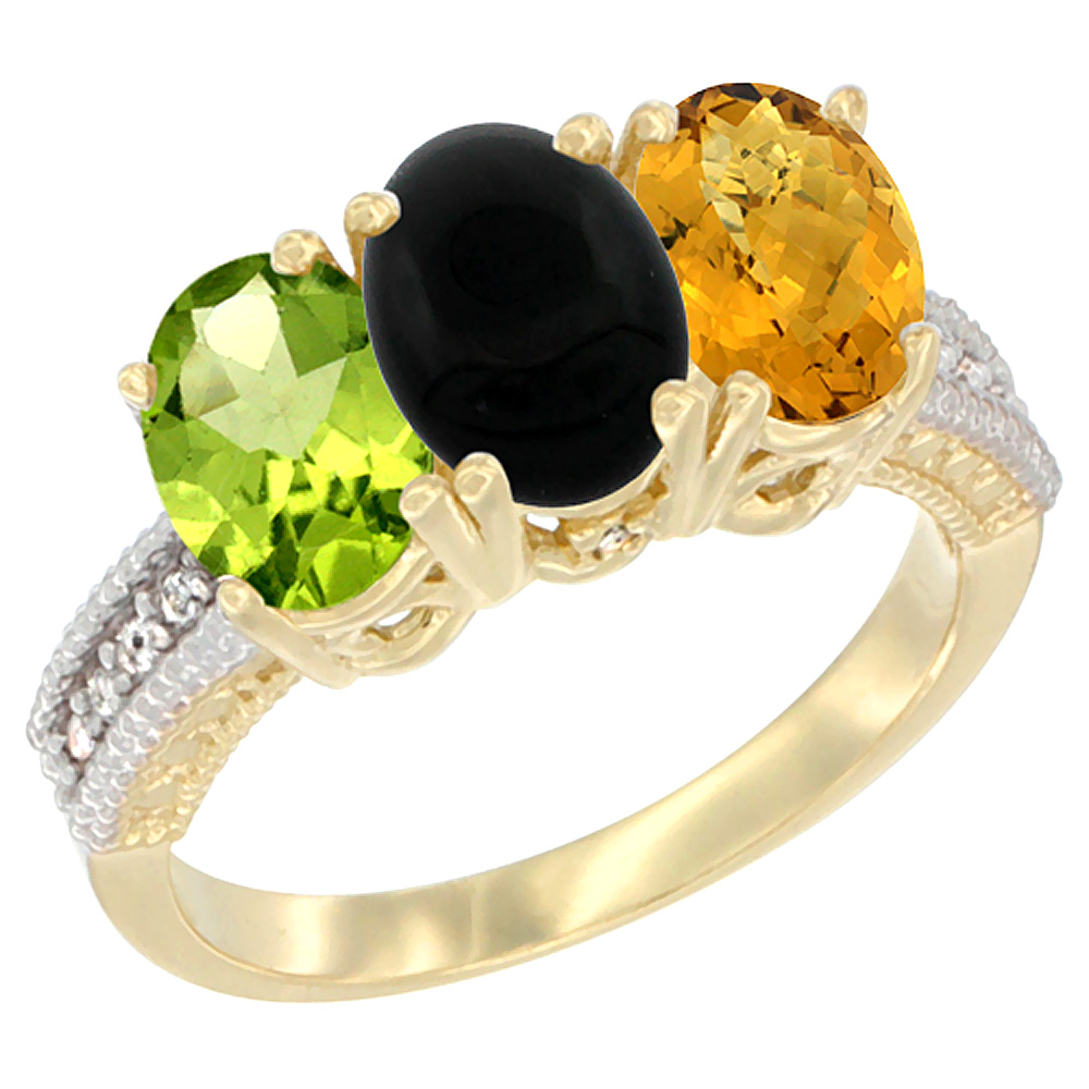 14K Yellow Gold Natural Peridot, Black Onyx &amp; Whisky Quartz Ring 3-Stone Oval 7x5 mm Diamond Accent, sizes 5 - 10