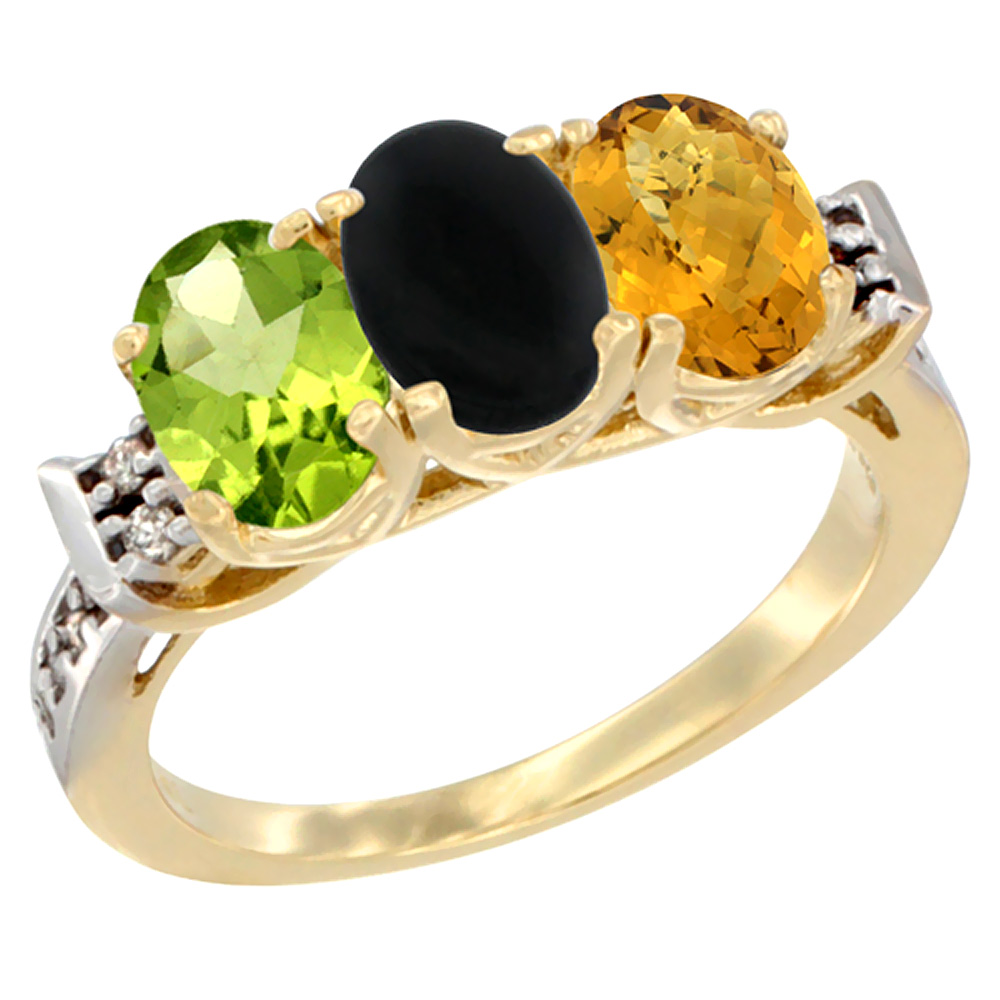 10K Yellow Gold Natural Peridot, Black Onyx & Whisky Quartz Ring 3-Stone Oval 7x5 mm Diamond Accent, sizes 5 - 10