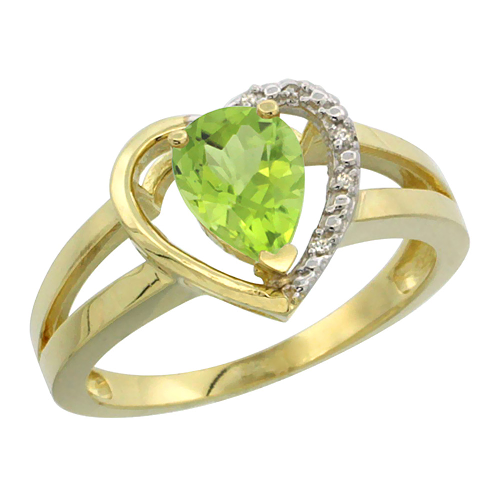 10K Yellow Gold Natural Peridot Heart Ring Pear 7x5 mm Diamond Accent, sizes 5-10