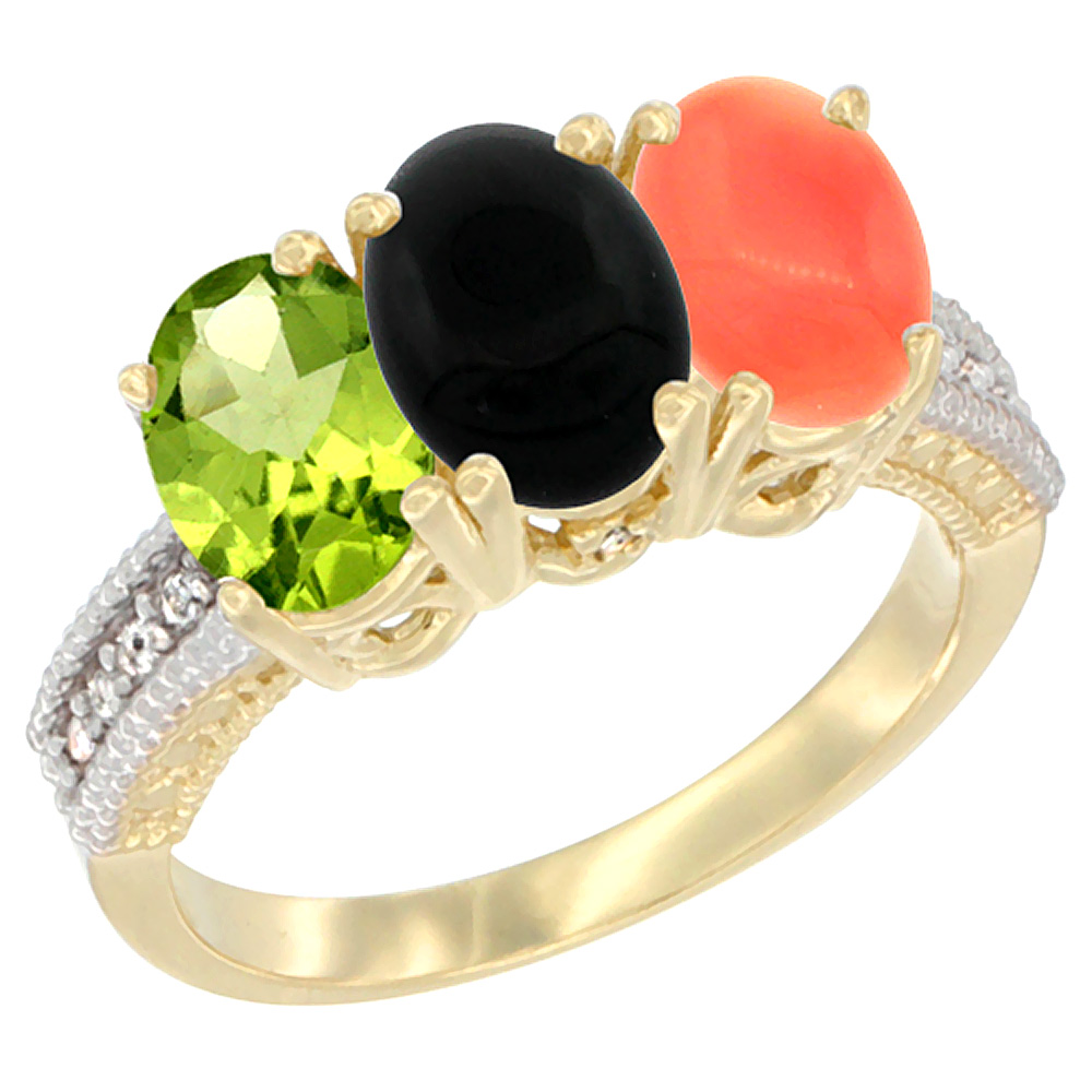 10K Yellow Gold Natural Peridot, Black Onyx & Coral Ring 3-Stone Oval 7x5 mm, sizes 5 - 10