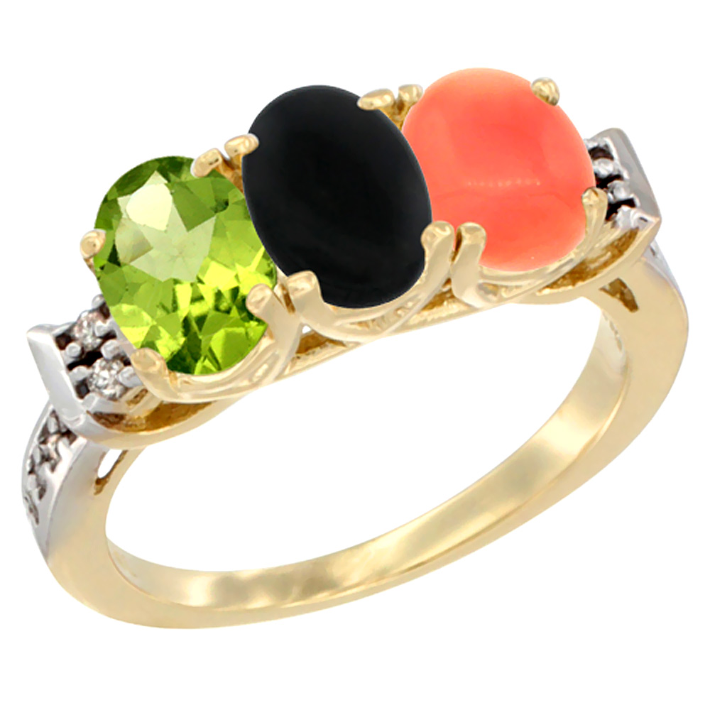 10K Yellow Gold Natural Peridot, Black Onyx &amp; Coral Ring 3-Stone Oval 7x5 mm Diamond Accent, sizes 5 - 10