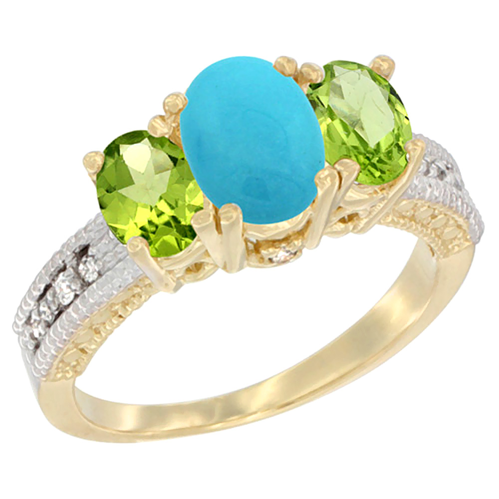 10K Yellow Gold Diamond Natural Turquoise Ring Oval 3-stone with Peridot, sizes 5 - 10