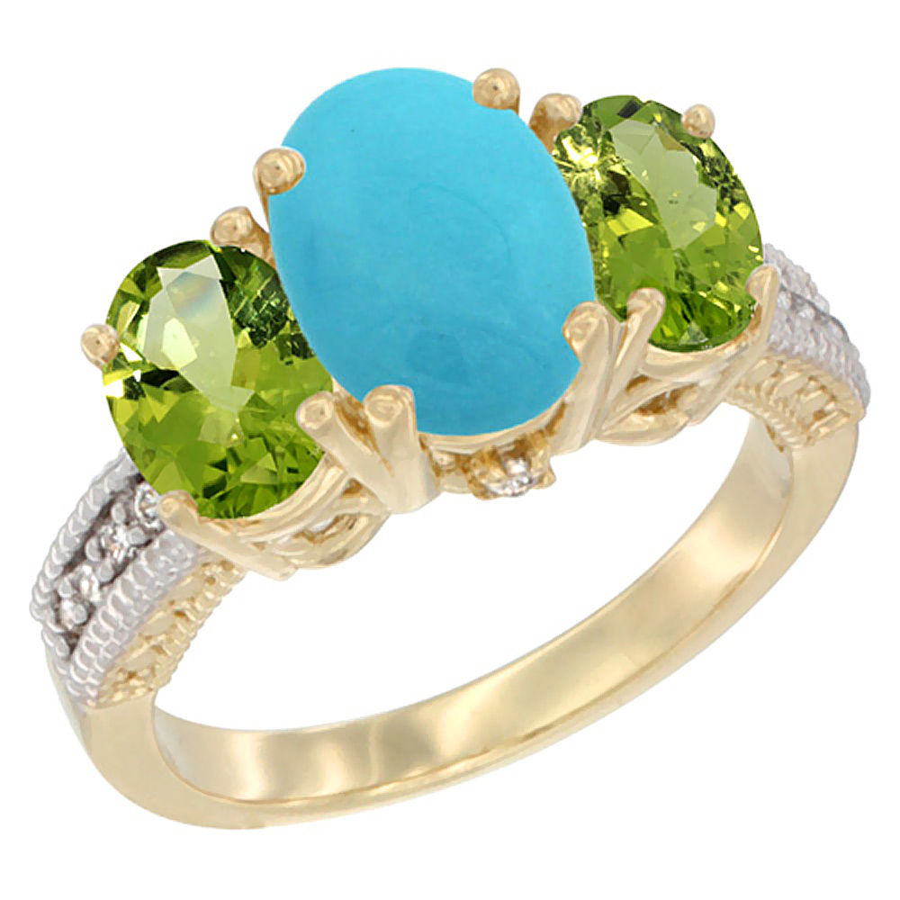14K Yellow Gold Diamond Natural Turquoise Ring 3-Stone Oval 8x6mm with Peridot, sizes5-10