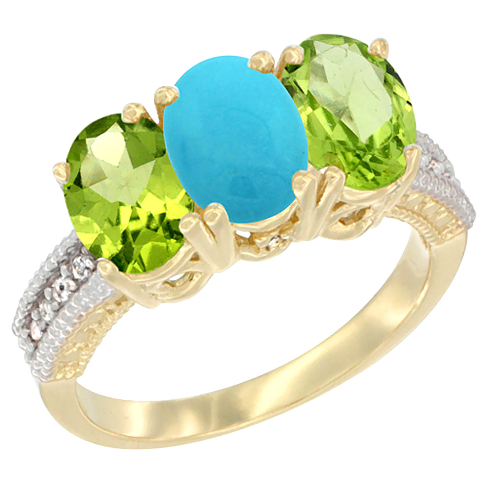 14K Yellow Gold Natural Turquoise &amp; Peridot Sides Ring 3-Stone Oval 7x5 mm Diamond Accent, sizes 5 - 10