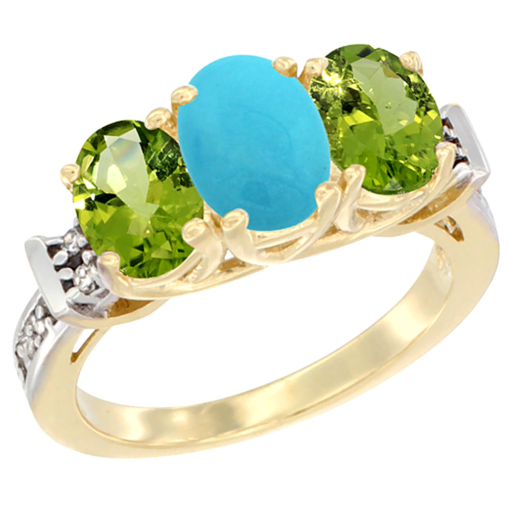 14K Yellow Gold Natural Turquoise &amp; Peridot Sides Ring 3-Stone Oval Diamond Accent, sizes 5 - 10