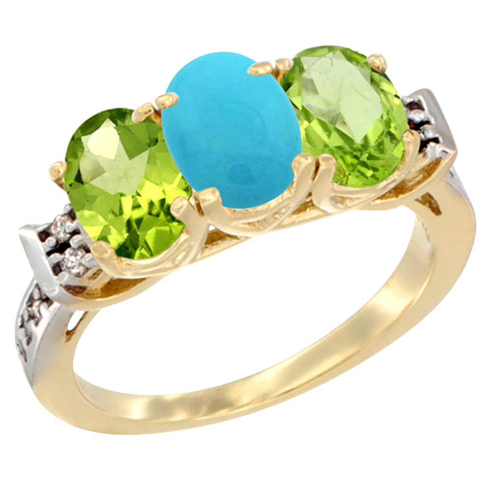 14K Yellow Gold Natural Turquoise &amp; Peridot Sides Ring 3-Stone Oval 7x5 mm Diamond Accent, sizes 5 - 10