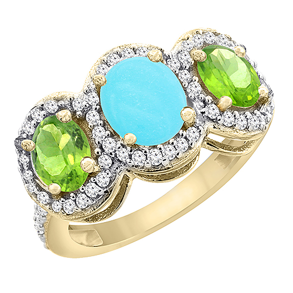 14K Yellow Gold Natural Turquoise &amp; Peridot 3-Stone Ring Oval Diamond Accent, sizes 5 - 10
