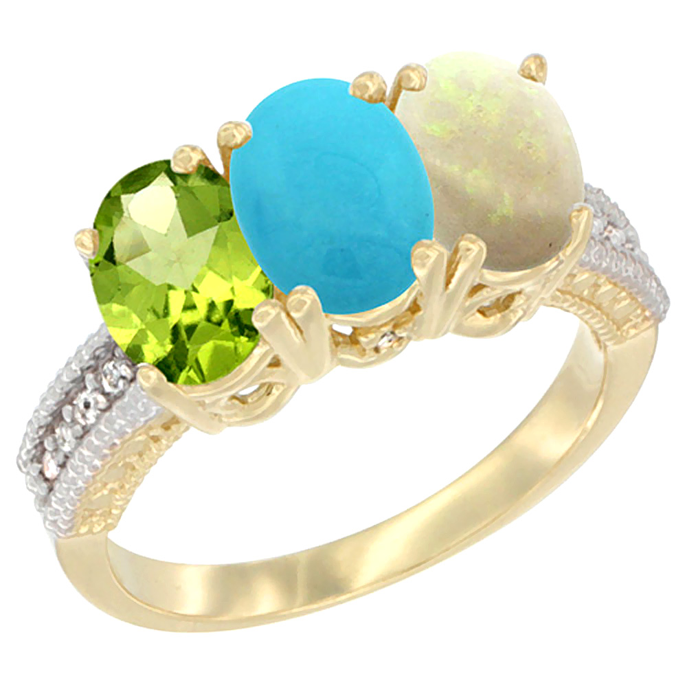 14K Yellow Gold Natural Peridot, Turquoise &amp; Opal Ring 3-Stone Oval 7x5 mm Diamond Accent, sizes 5 - 10