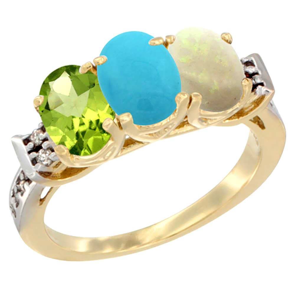 14K Yellow Gold Natural Peridot, Turquoise &amp; Opal Ring 3-Stone Oval 7x5 mm Diamond Accent, sizes 5 - 10