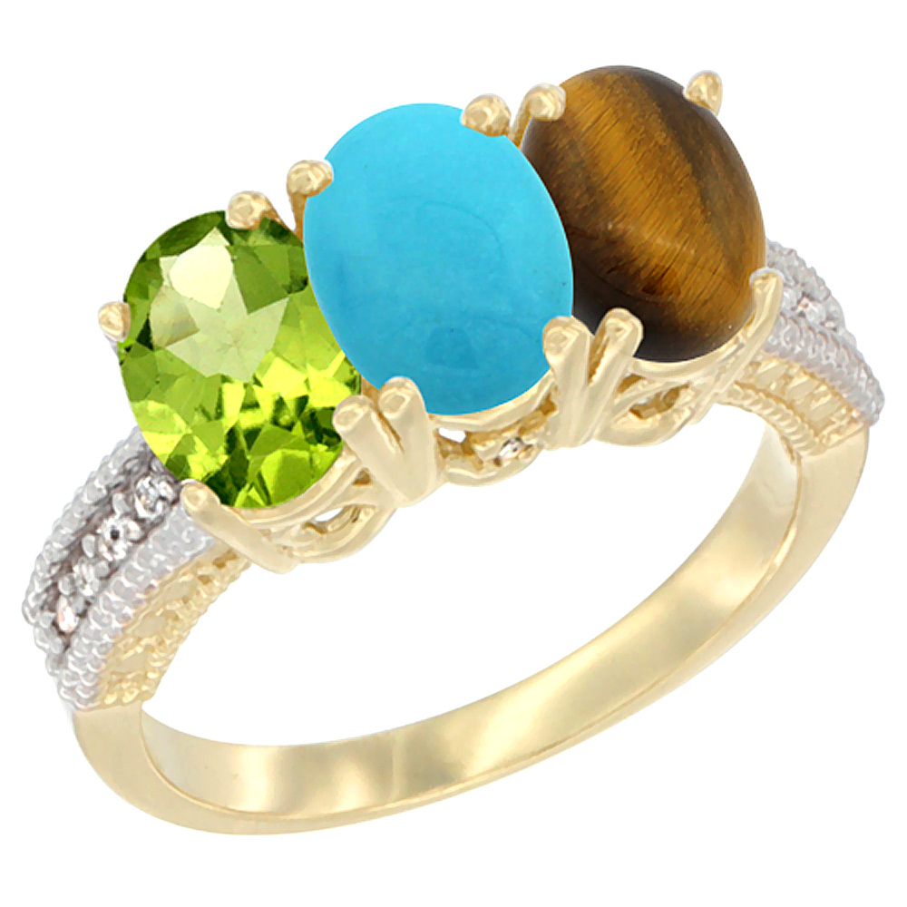 10K Yellow Gold Natural Peridot, Turquoise &amp; Tiger Eye Ring 3-Stone Oval 7x5 mm, sizes 5 - 10