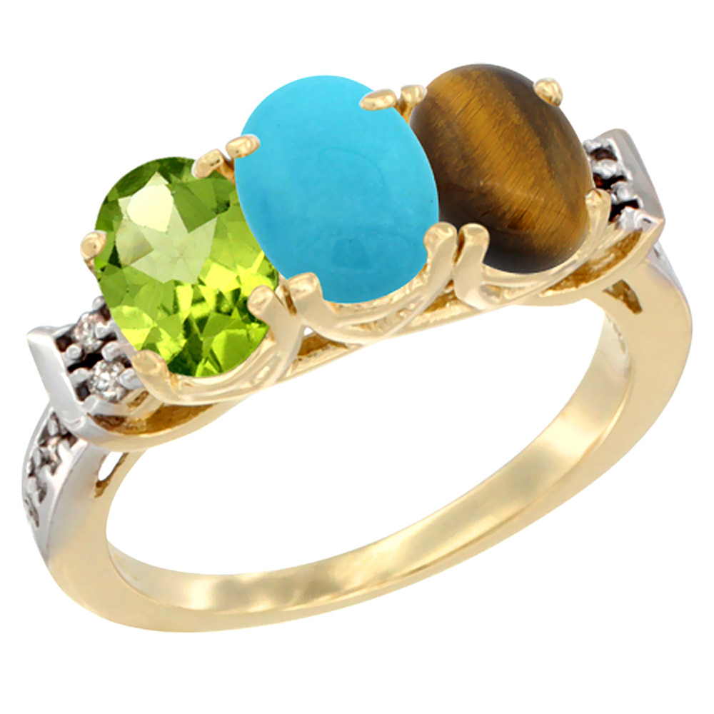 10K Yellow Gold Natural Peridot, Turquoise &amp; Tiger Eye Ring 3-Stone Oval 7x5 mm Diamond Accent, sizes 5 - 10