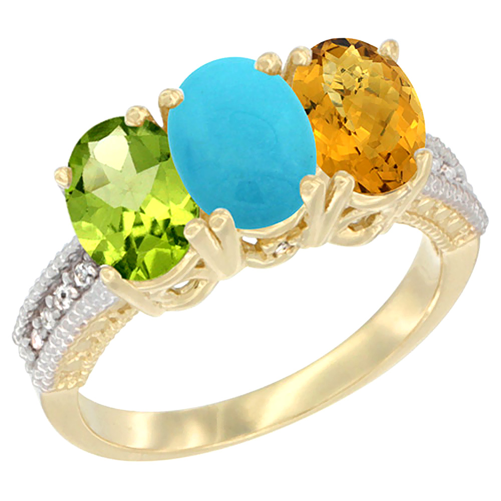 14K Yellow Gold Natural Peridot, Turquoise &amp; Whisky Quartz Ring 3-Stone Oval 7x5 mm Diamond Accent, sizes 5 - 10