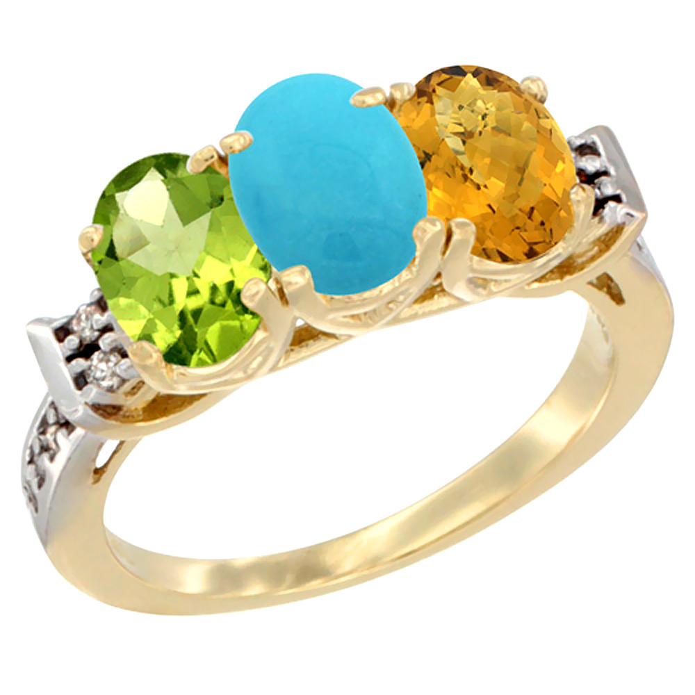 10K Yellow Gold Natural Peridot, Turquoise & Whisky Quartz Ring 3-Stone Oval 7x5 mm Diamond Accent, sizes 5 - 10