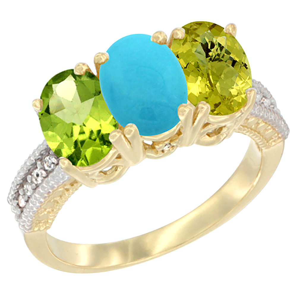 14K Yellow Gold Natural Peridot, Turquoise &amp; Lemon Quartz Ring 3-Stone Oval 7x5 mm Diamond Accent, sizes 5 - 10