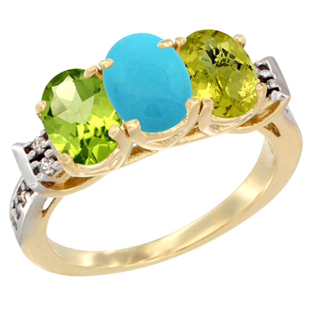 14K Yellow Gold Natural Peridot, Turquoise & Lemon Quartz Ring 3-Stone Oval 7x5 mm Diamond Accent, sizes 5 - 10
