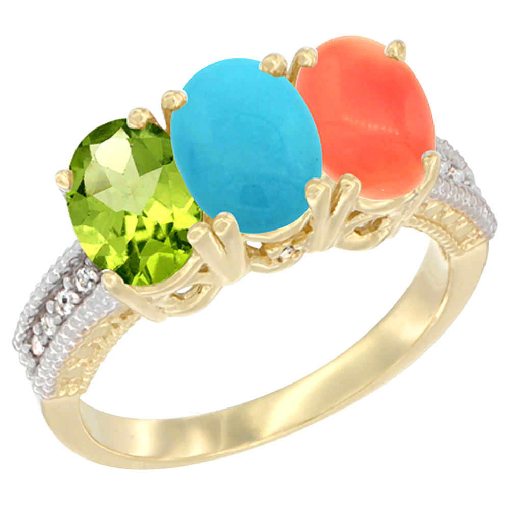 10K Yellow Gold Natural Peridot, Turquoise &amp; Coral Ring 3-Stone Oval 7x5 mm, sizes 5 - 10