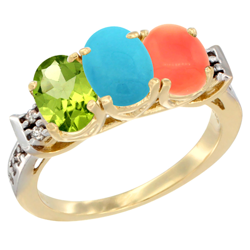 14K Yellow Gold Natural Peridot, Turquoise &amp; Coral Ring 3-Stone Oval 7x5 mm Diamond Accent, sizes 5 - 10