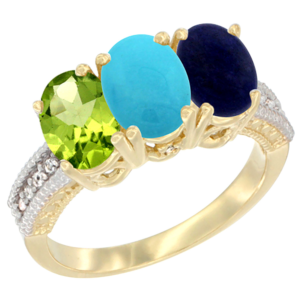 14K Yellow Gold Natural Peridot, Turquoise &amp; Lapis Ring 3-Stone Oval 7x5 mm Diamond Accent, sizes 5 - 10