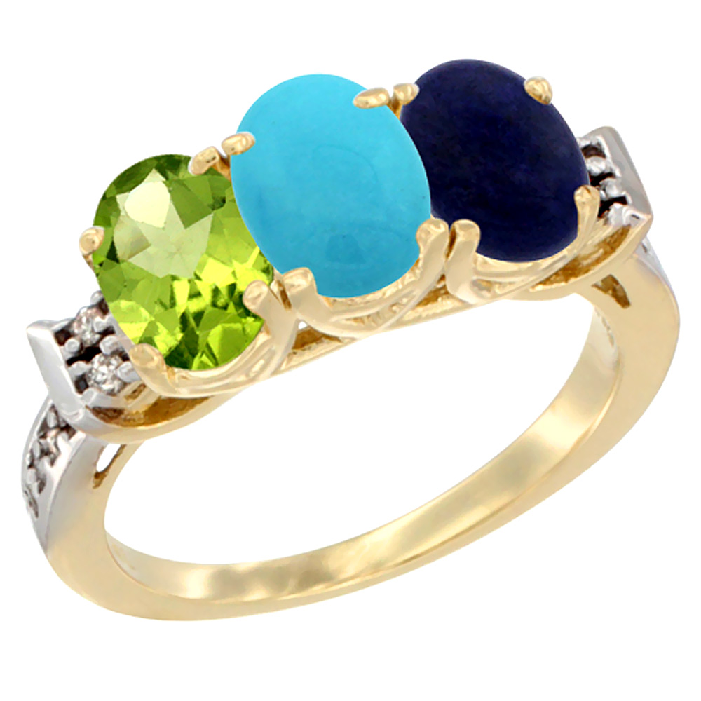 10K Yellow Gold Natural Peridot, Turquoise &amp; Lapis Ring 3-Stone Oval 7x5 mm Diamond Accent, sizes 5 - 10