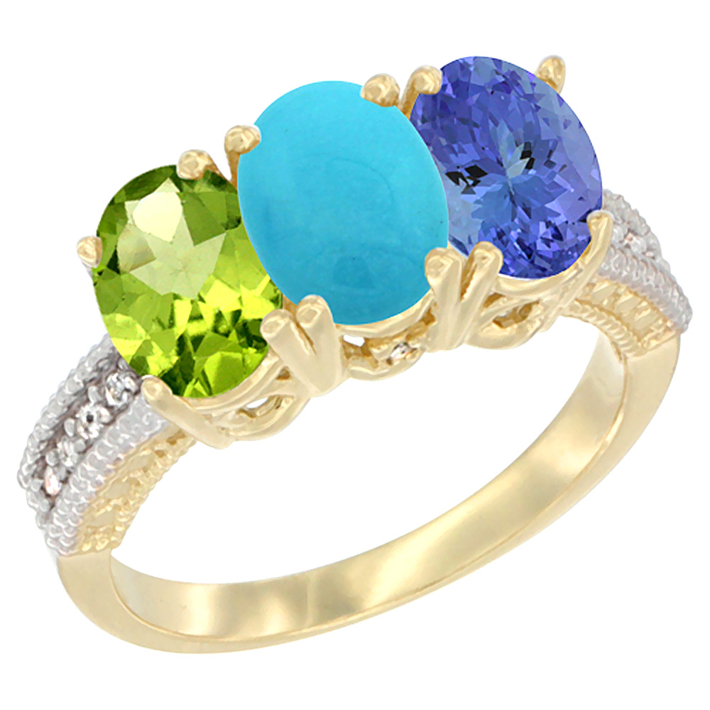 14K Yellow Gold Natural Peridot, Turquoise &amp; Tanzanite Ring 3-Stone Oval 7x5 mm Diamond Accent, sizes 5 - 10