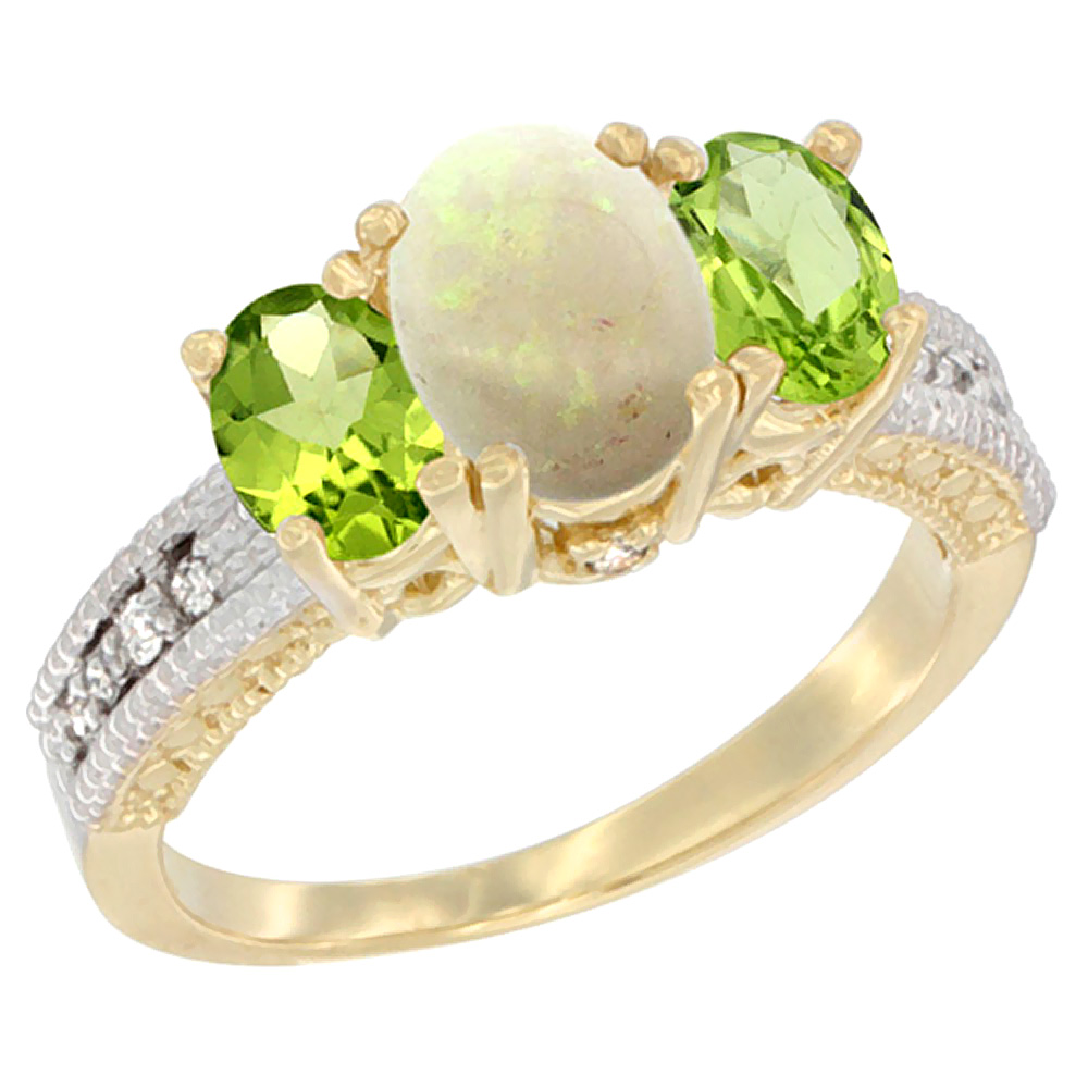 14K Yellow Gold Diamond Natural Opal Ring Oval 3-stone with Peridot, sizes 5 - 10