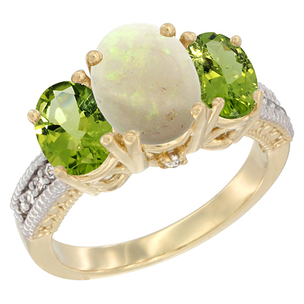 10K Yellow Gold Diamond Natural Opal Ring 3-Stone Oval 8x6mm with Peridot, sizes5-10