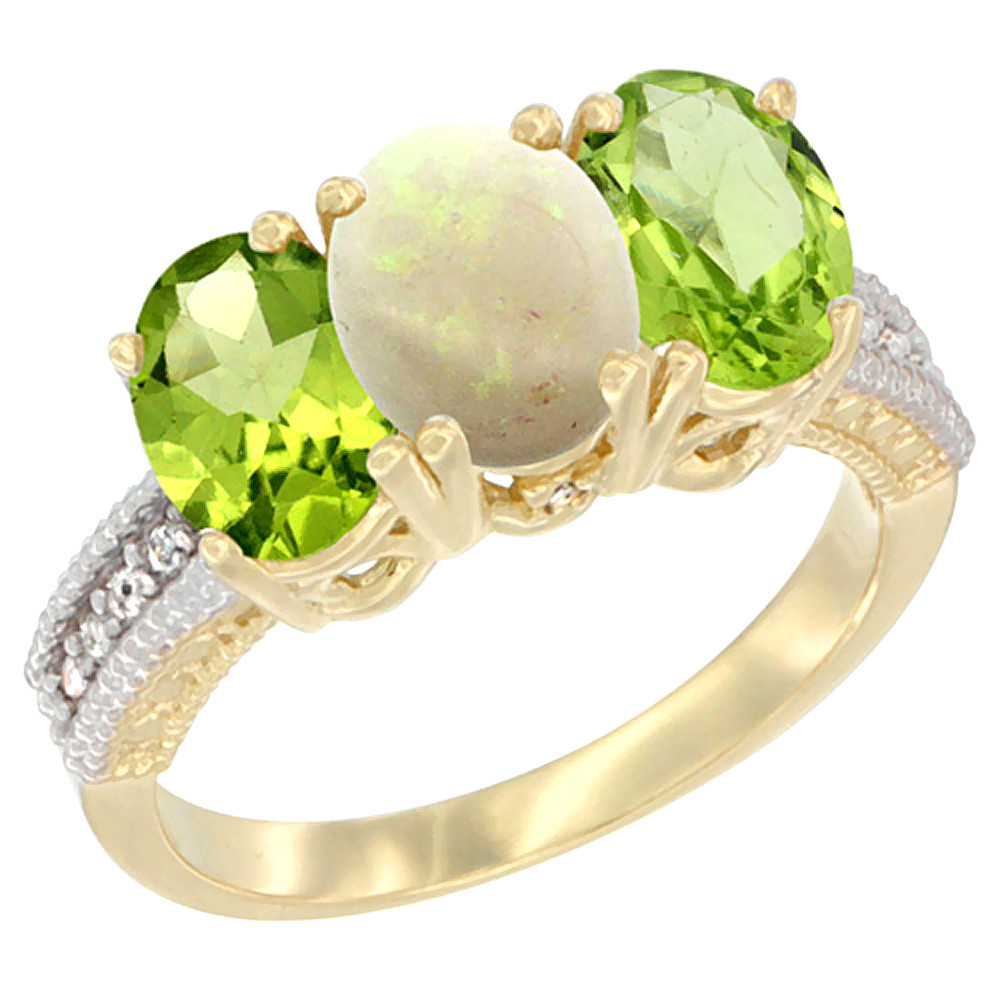 14K Yellow Gold Natural Opal &amp; Peridot Sides Ring 3-Stone Oval 7x5 mm Diamond Accent, sizes 5 - 10
