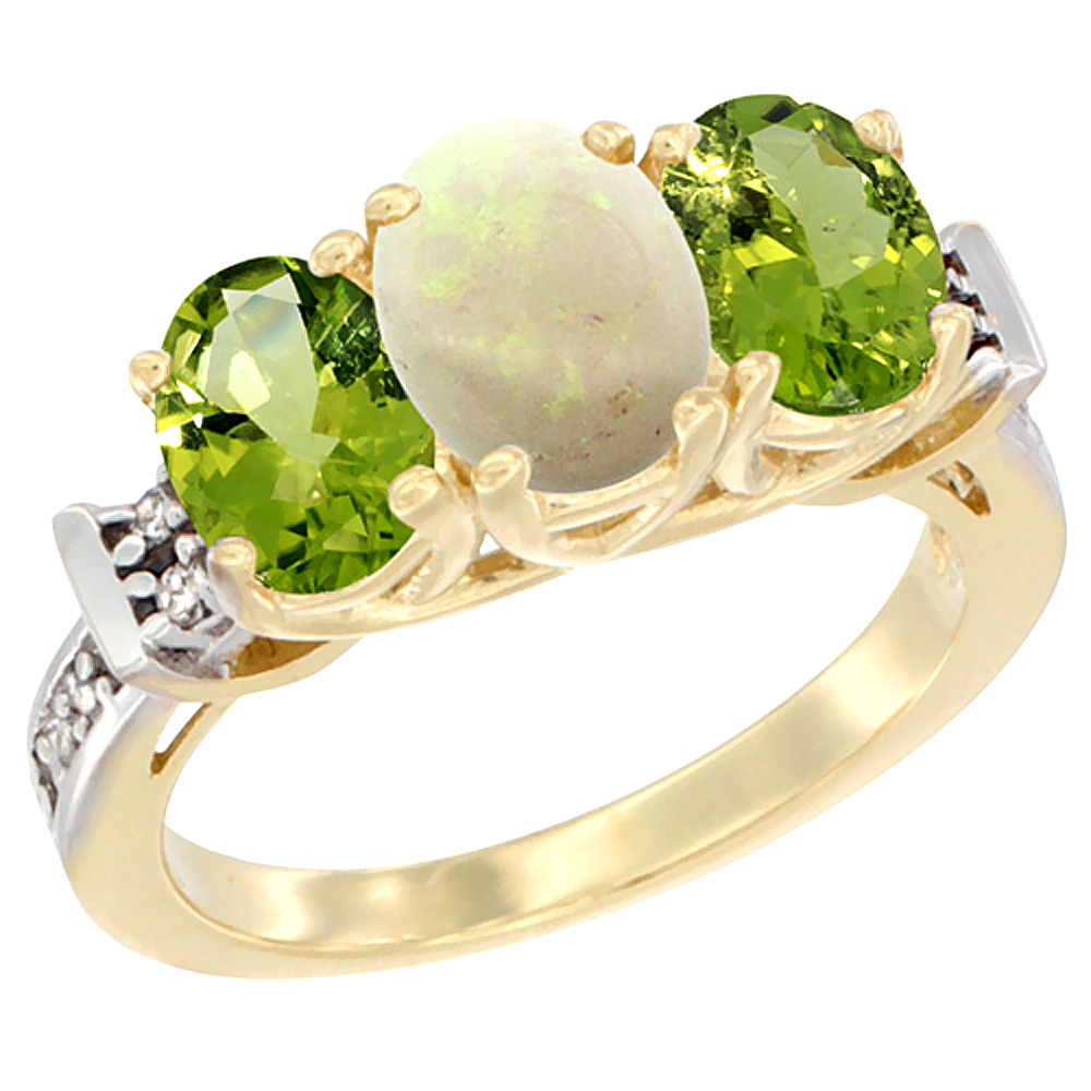10K Yellow Gold Natural Opal & Peridot Sides Ring 3-Stone Oval Diamond Accent, sizes 5 - 10