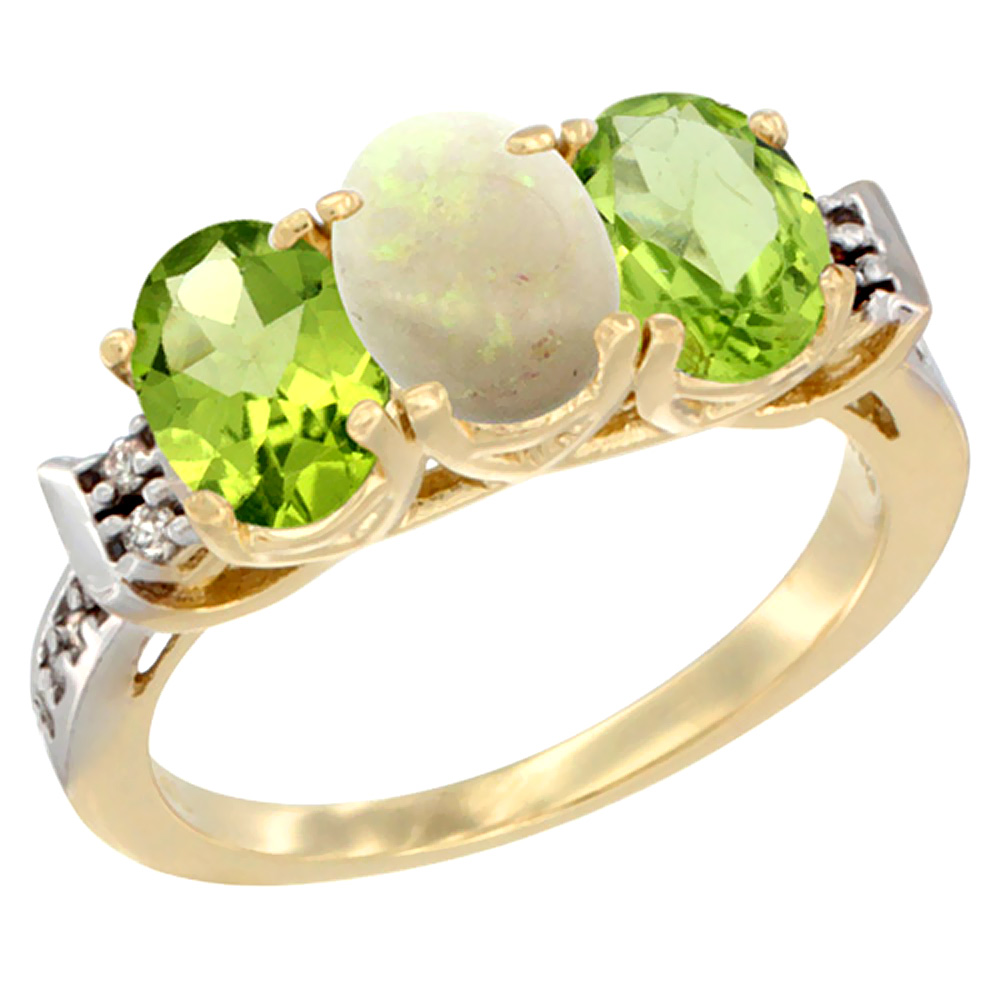 10K Yellow Gold Natural Opal & Peridot Sides Ring 3-Stone Oval 7x5 mm Diamond Accent, sizes 5 - 10