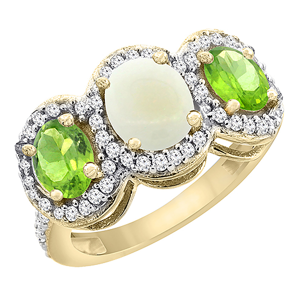 14K Yellow Gold Natural Opal &amp; Peridot 3-Stone Ring Oval Diamond Accent, sizes 5 - 10