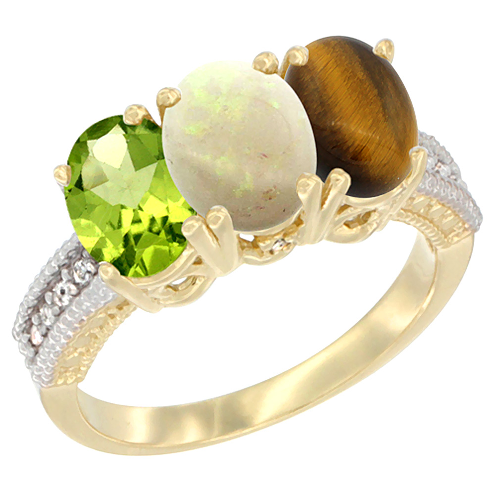 14K Yellow Gold Natural Peridot, Opal & Tiger Eye Ring 3-Stone Oval 7x5 mm Diamond Accent, sizes 5 - 10