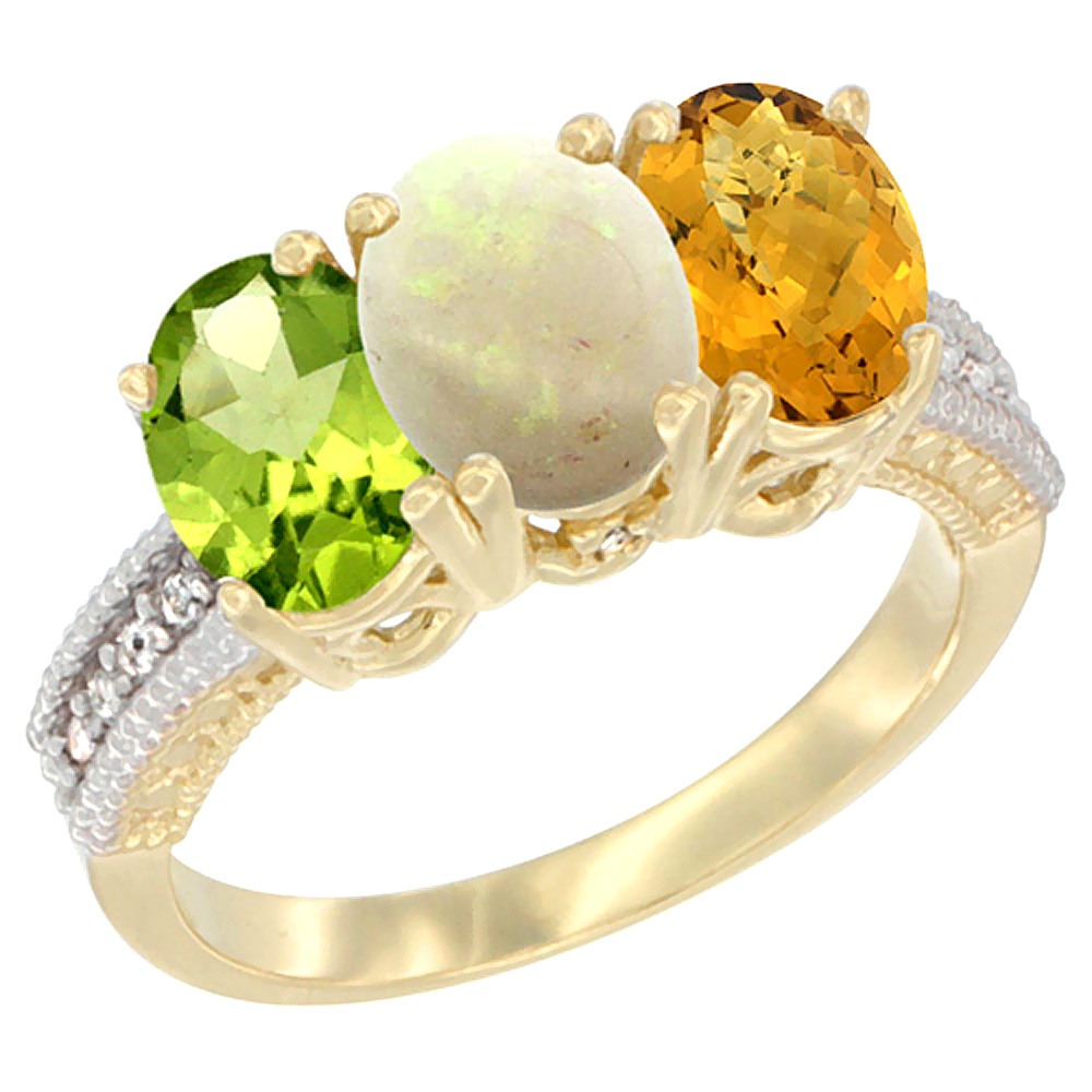 10K Yellow Gold Natural Peridot, Opal & Whisky Quartz Ring 3-Stone Oval 7x5 mm, sizes 5 - 10