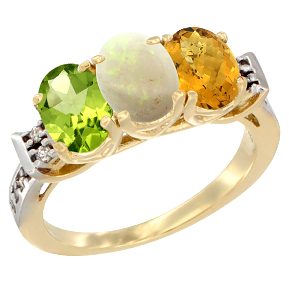14K Yellow Gold Natural Peridot, Opal &amp; Whisky Quartz Ring 3-Stone Oval 7x5 mm Diamond Accent, sizes 5 - 10