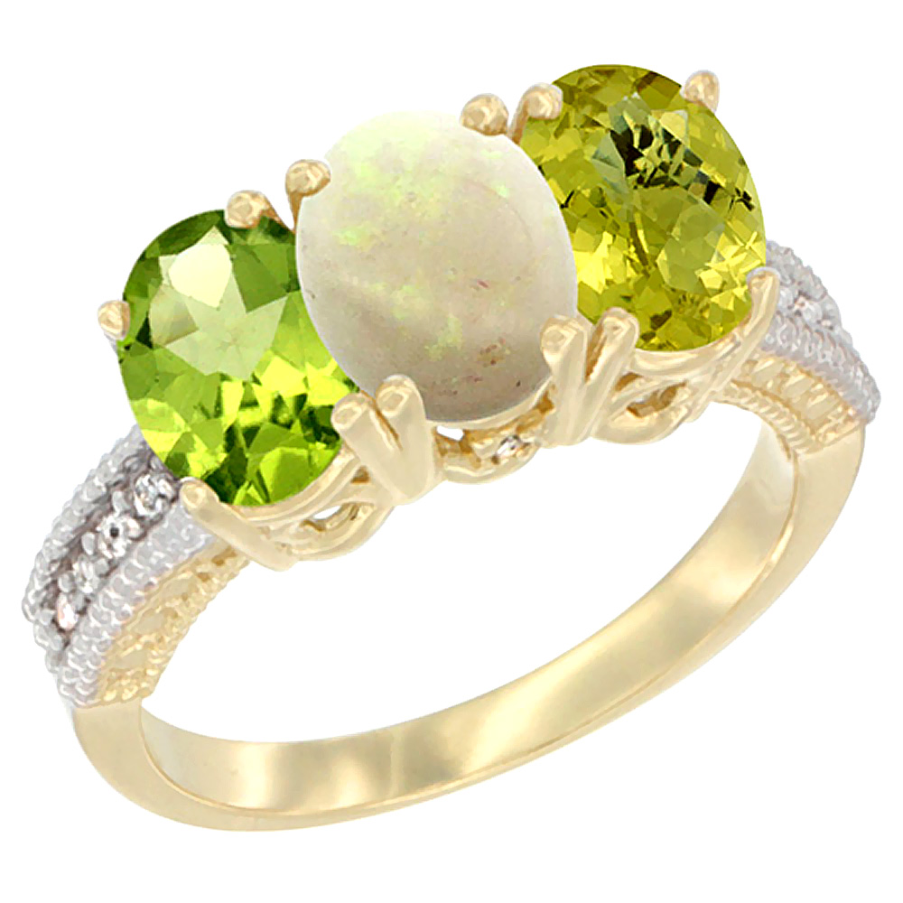14K Yellow Gold Natural Peridot, Opal & Lemon Quartz Ring 3-Stone Oval 7x5 mm Diamond Accent, sizes 5 - 10