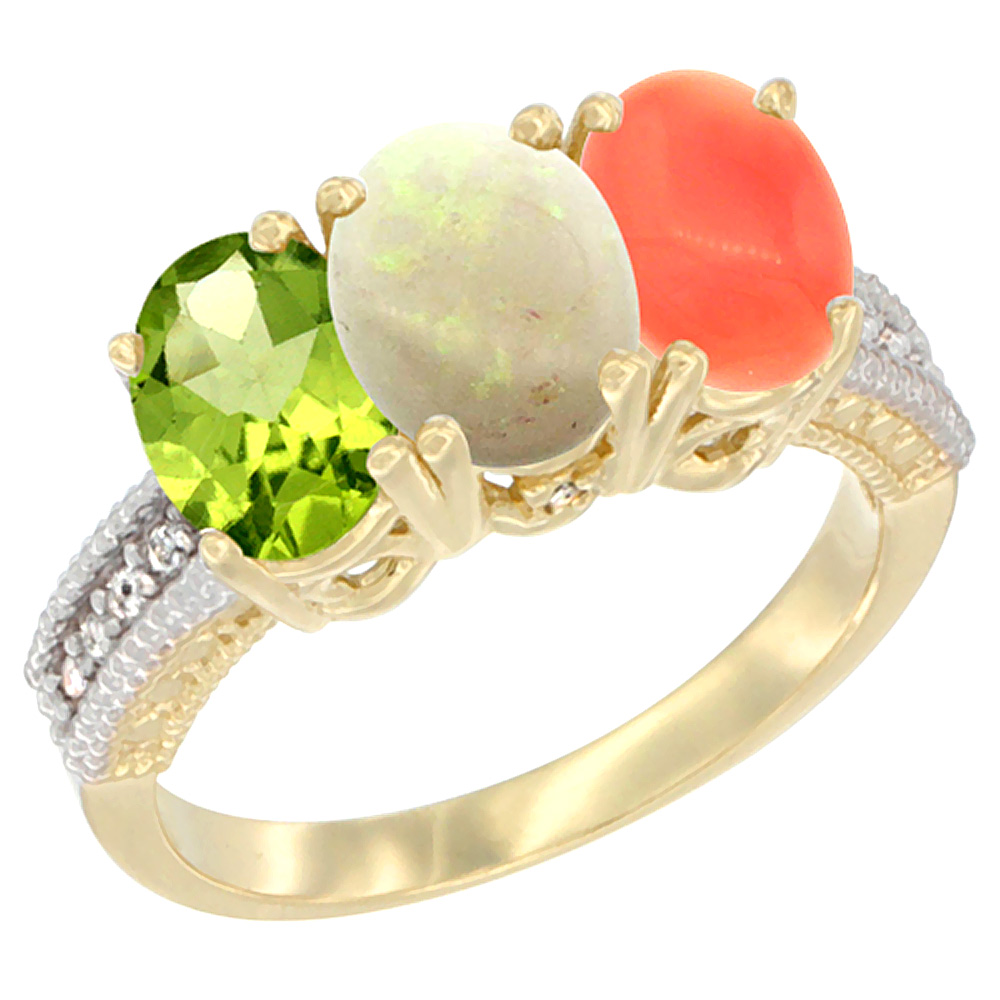 10K Yellow Gold Natural Peridot, Opal &amp; Coral Ring 3-Stone Oval 7x5 mm, sizes 5 - 10