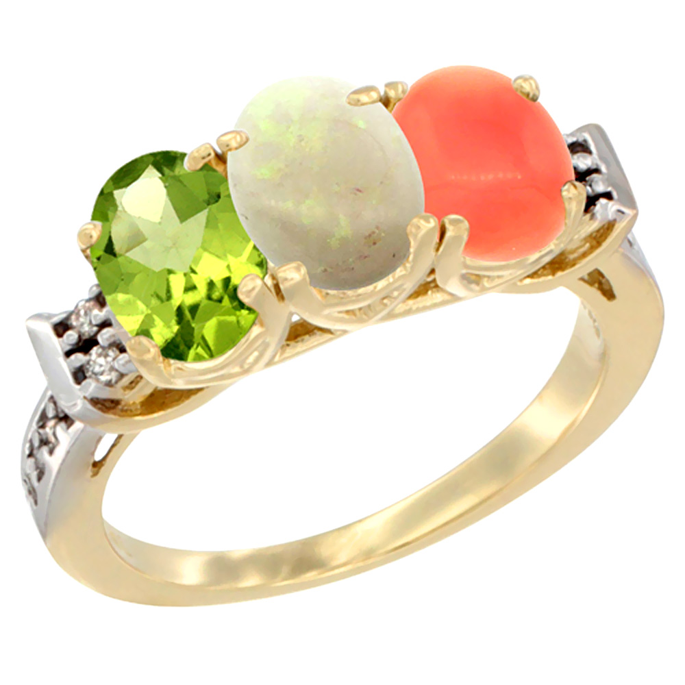 14K Yellow Gold Natural Peridot, Opal & Coral Ring 3-Stone Oval 7x5 mm Diamond Accent, sizes 5 - 10