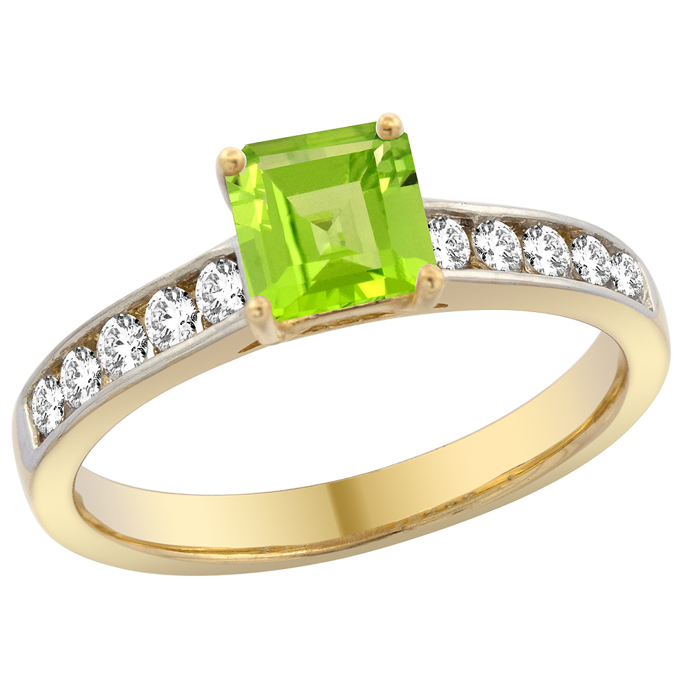 14K Yellow Gold Natural Peridot Engagement Ring Princess cut 5mm, sizes 5 - 10