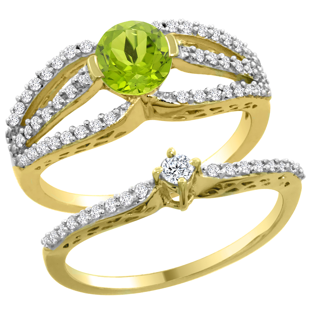 14K Yellow Gold Natural Peridot 2-piece Engagement Ring Set Round 5mm, sizes 5 - 10