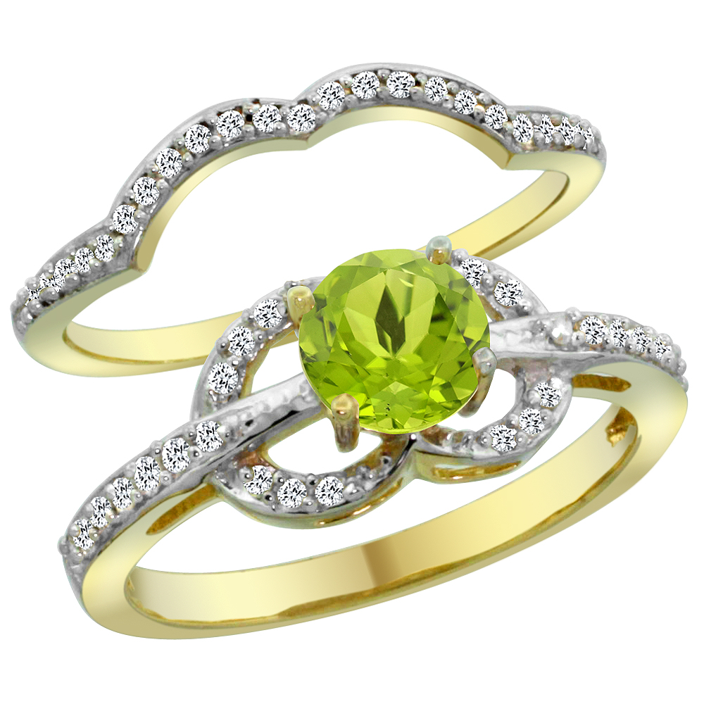 14K Yellow Gold Natural Peridot 2-piece Engagement Ring Set Round 6mm, sizes 5 - 10