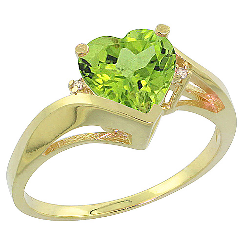 10K Yellow Gold Natural Peridot Heart Ring 7mm Diamond Accent, sizes 5 - 10