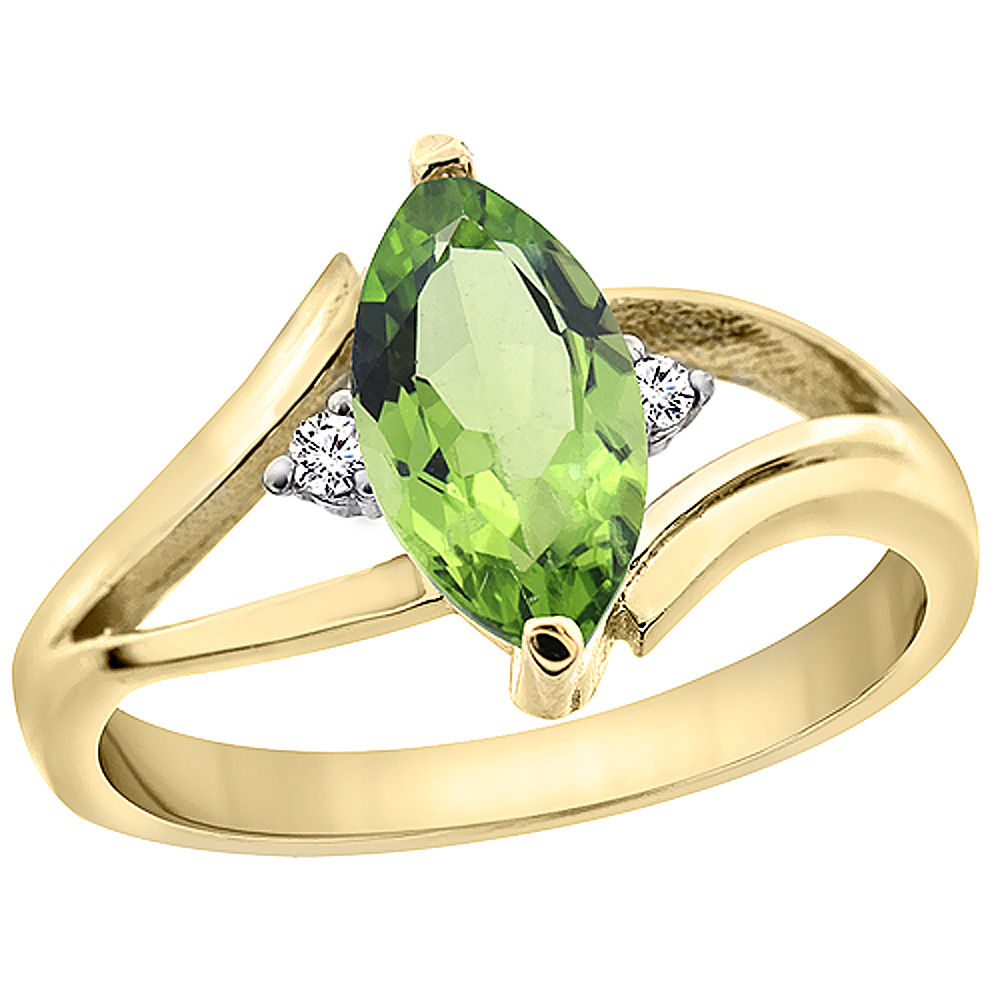 14K Yellow Gold Natural Peridot Ring Marquise 10x5mm Diamond Accent, sizes 5 - 10 with half sizes
