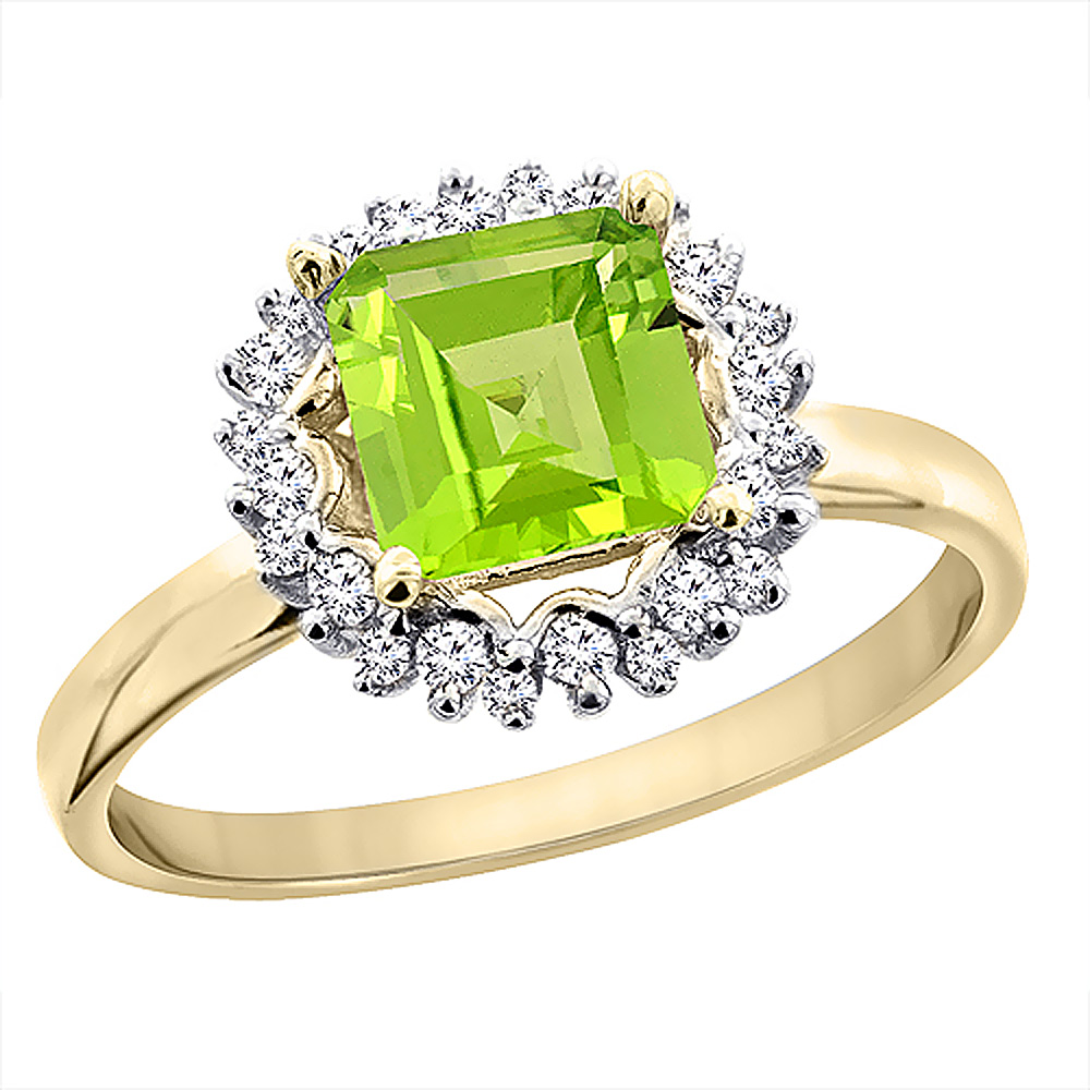 14K Yellow Gold Natural Peridot Ring Square 6x6 mm Diamond Accents, sizes 5 - 10
