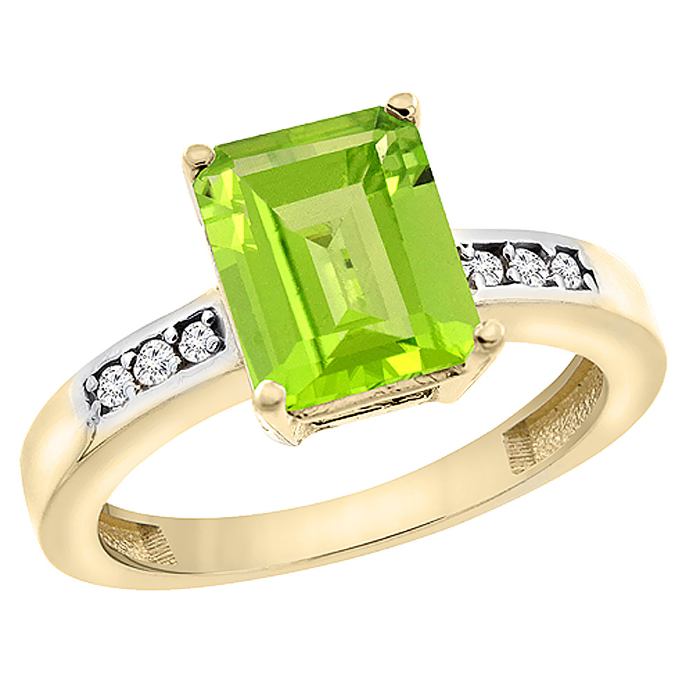 10K Yellow Gold Natural Peridot Octagon 9x7 mm with Diamond Accents, sizes 5 - 10