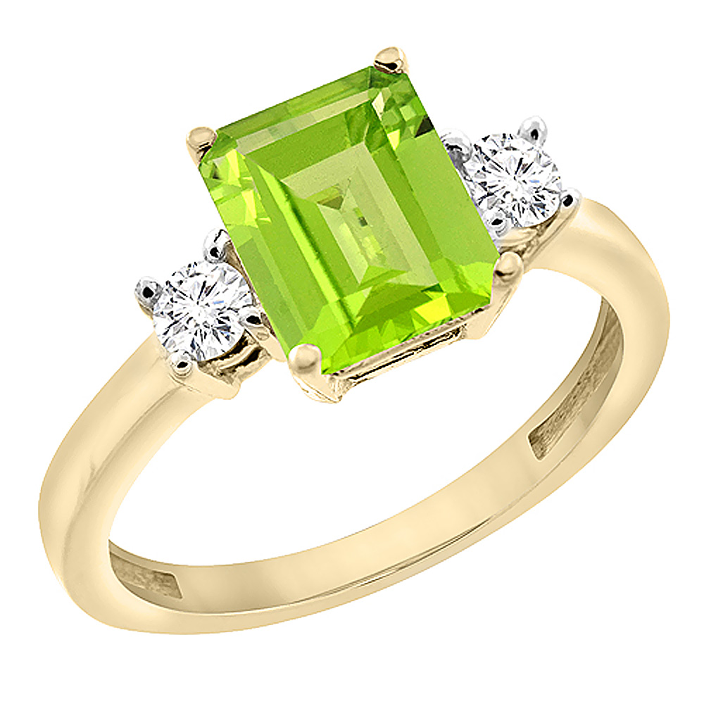 10K Yellow Gold Natural Peridot Ring Octagon 8x6 mm with Diamond Accents, sizes 5 - 10
