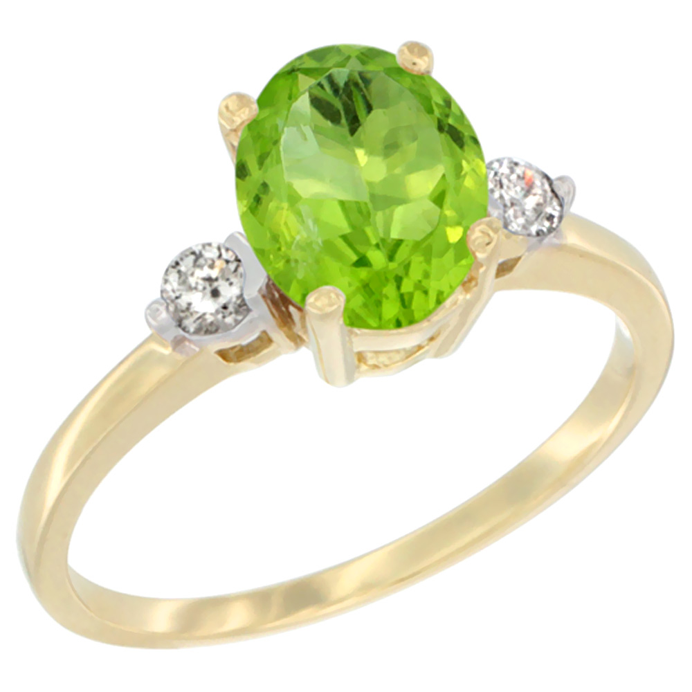 14K Yellow Gold Natural Peridot Ring Oval 9x7 mm Diamond Accent, sizes 5 to 10