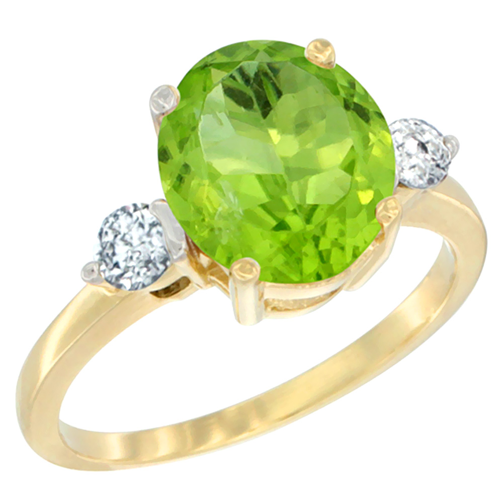 10K Yellow Gold 10x8mm Oval Natural Peridot Ring for Women Diamond Side-stones sizes 5 - 10