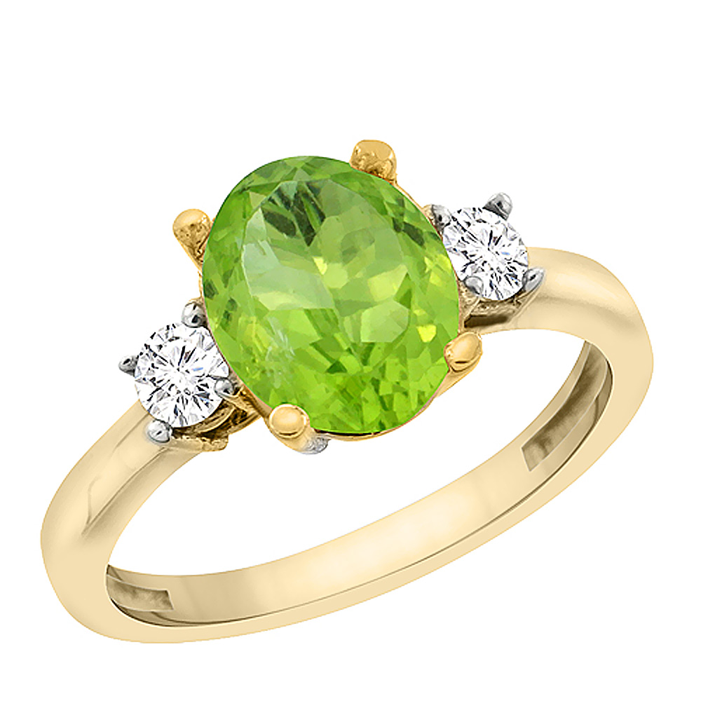 14K Yellow Gold Natural Peridot Engagement Ring Oval 10x8 mm Diamond Sides, sizes 5 - 10