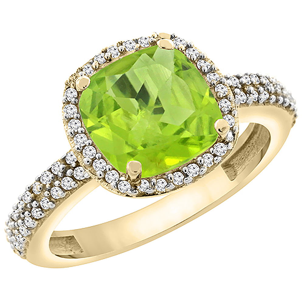 10K Yellow Gold Natural Peridot Cushion 8x8 mm with Diamond Accents, sizes 5 - 10