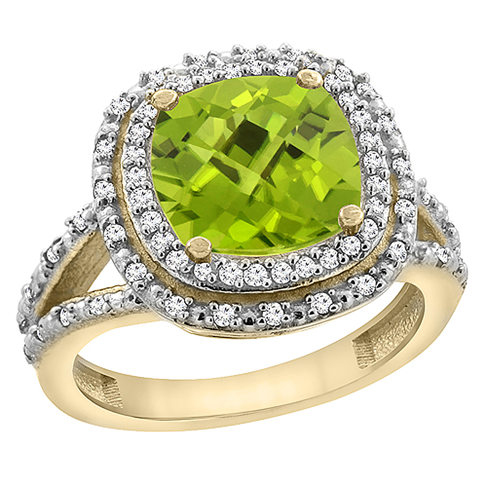 14K Yellow Gold Natural Peridot Ring Cushion 8x8 mm with Diamond Accents, sizes 5 - 10